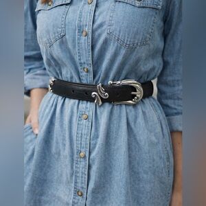 Coldwater Creek Black Croc Leather Allegro Swirl Belt Silver Buckle, Size L, NWT